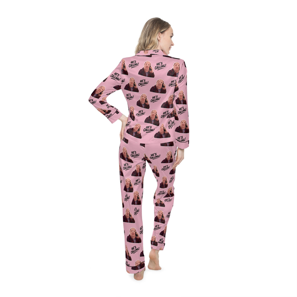 John Pork “He’s Calling!” Pink Satin Pajama Set – Funny Meme Sleepwear & Lounge Set