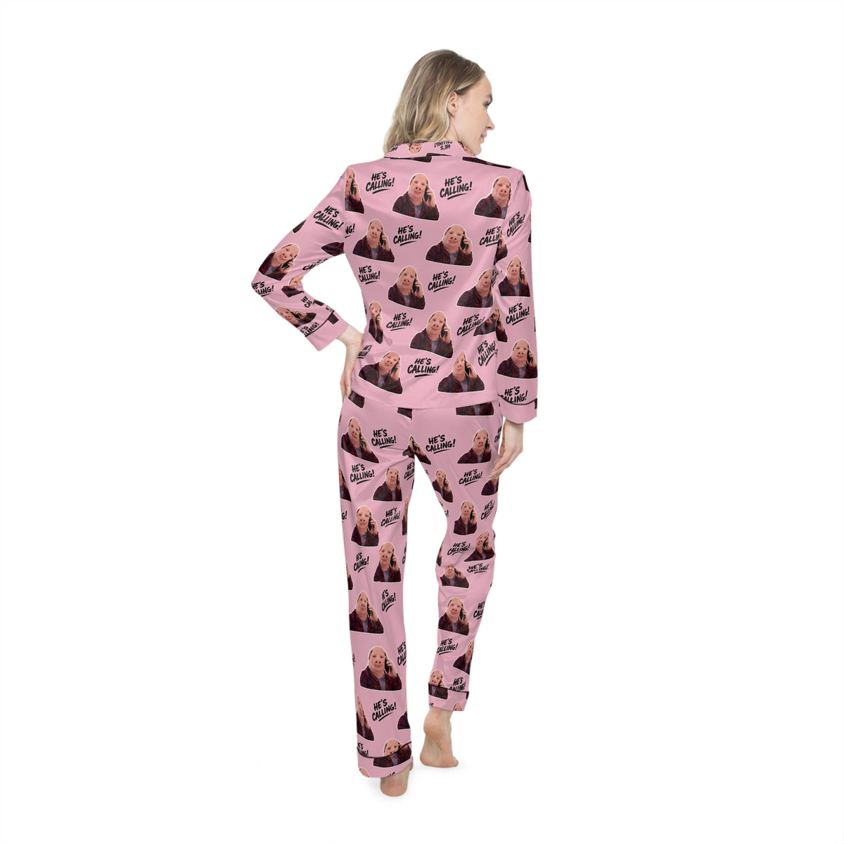 John Pork “He’s Calling!” Pink Satin Pajama Set – Funny Meme Sleepwear & Lounge Set
