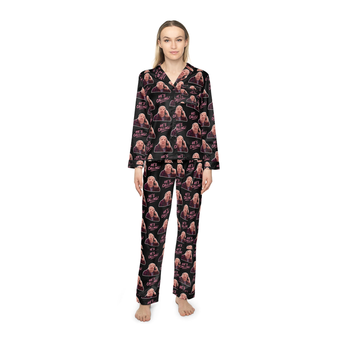 John Pork “He’s Calling!” Pink Satin Pajama Set – Funny Meme Sleepwear & Lounge Set