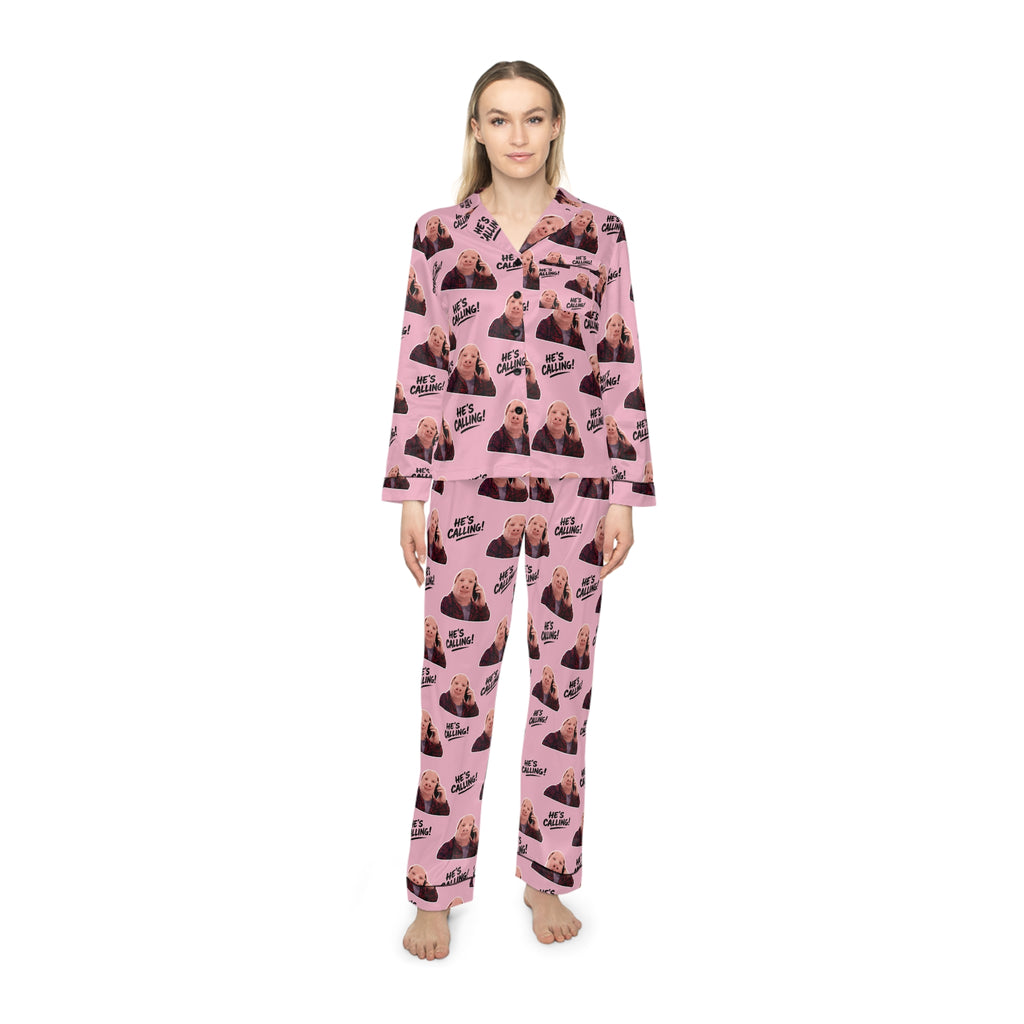 John Pork “He’s Calling!” Pink Satin Pajama Set – Funny Meme Sleepwear & Lounge Set