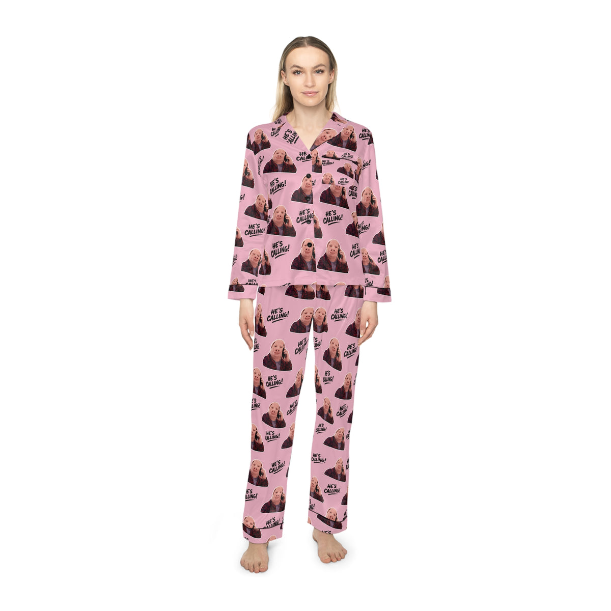 John Pork “He’s Calling!” Pink Satin Pajama Set – Funny Meme Sleepwear & Lounge Set